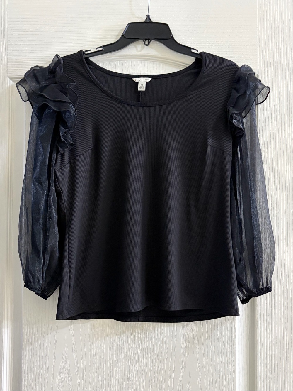 Cato Black Ribbed Top Sheer Organza Puff Sleeves Ruffle Shoulder Size M